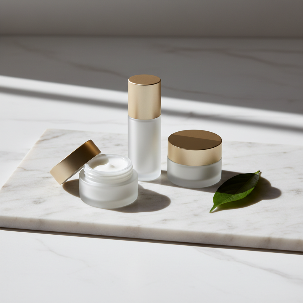 Premium skincare jars on marble